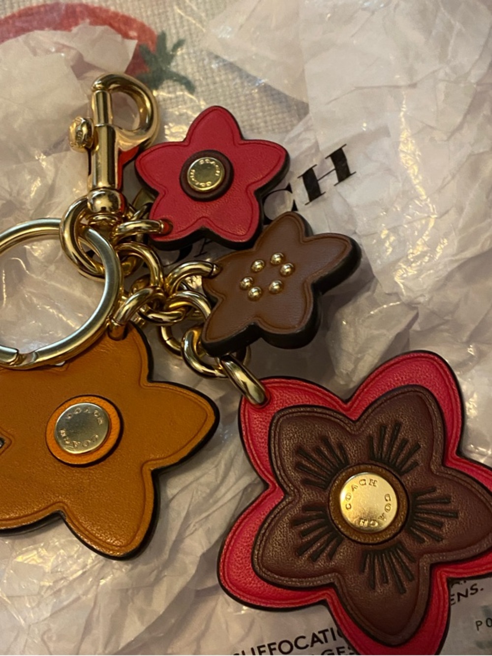 Coach Multicolor Floral Leather Key Charm - Pink, Brown & Mustard